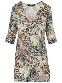 Robe courte multicolore imprimé léopard à coupe babydoll col v et à manche 3/4