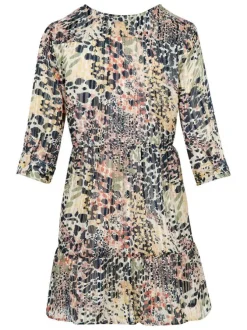 Robe courte multicolore imprimé léopard à coupe babydoll col v et à manche 3/4