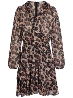 Robe courte multicolore ornée d'un motif léopard et pourvue d'un col cache-coeur