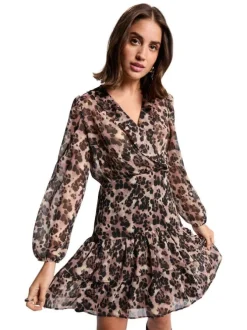Robe courte multicolore ornée d'un motif léopard et pourvue d'un col cache-coeur