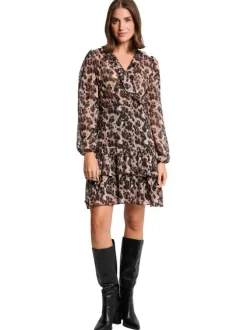 Robe courte multicolore ornée d'un motif léopard et pourvue d'un col cache-coeur