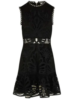 Robe courte noire avec des motifs, une coupe évasée et un col rond