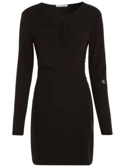 Robe courte noire avec une coupe slim fit un col rond et à manches longues