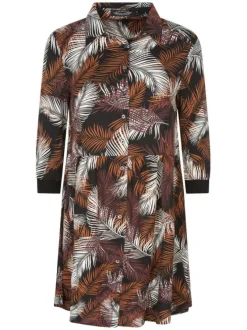 Robe courte noire babydoll imprimée de feuilles à coupe fluide col italien et manches 3/4