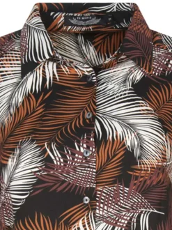Robe courte noire babydoll imprimée de feuilles à coupe fluide col italien et manches 3/4
