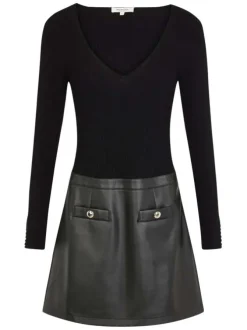 Robe courte noire bi-matière avec une coupe ajustée, col v et à manches longues