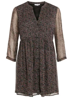 Robe courte noire coupe regular fit et col v avec motifs abstraits roses, jaunes et blancs