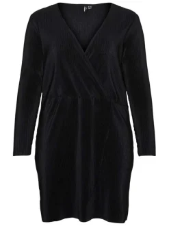 Robe courte noire côtelée à coupe portefeuille col v et à manches longues