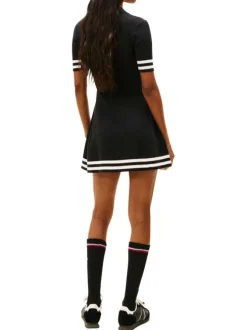 Robe courte noire en coton mélangé avec des bandes blanches à coupe droite