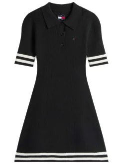 Robe courte noire en coton mélangé avec des bandes blanches à coupe droite