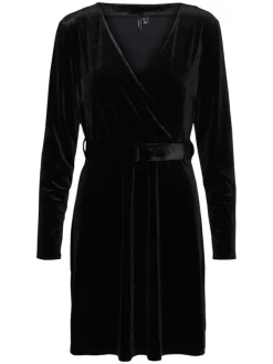 Robe courte noire en velours à coupe ample col cache-cœur et à manches longues