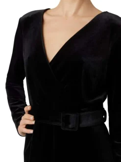 Robe courte noire en velours à coupe ample col cache-cœur et à manches longues