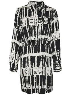 Robe courte noire et écrue à coupe droite fluide avec un col boutonné à revers