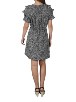 Robe courte noire fantaisie coupe ajustée avec un col cache-coeur et un imprimé Liberty