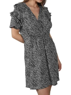 Robe courte noire fantaisie coupe ajustée avec un col cache-coeur et un imprimé Liberty