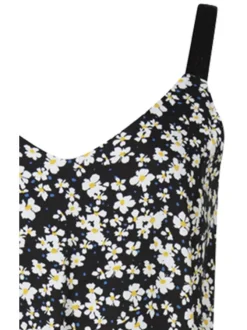 Robe courte noire fleurie avec une coupe fluide un col v et des bretelles larges