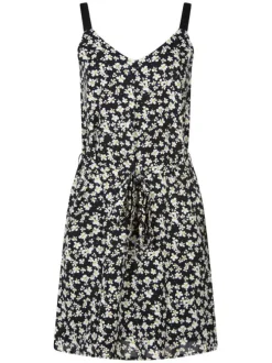 Robe courte noire fleurie avec une coupe fluide un col v et des bretelles larges
