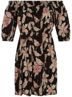 Robe courte noire fleurie à coupe ajustée et à manches courtes