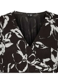 Robe courte noire fleurie à coupe droite col v et à manches longues