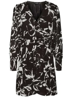 Robe courte noire fleurie à coupe droite col v et à manches longues