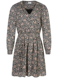 Robe courte noire fleurie à coupe droite un col tunisien et des manches longues