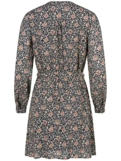 Robe courte noire fleurie à coupe droite un col tunisien et des manches longues