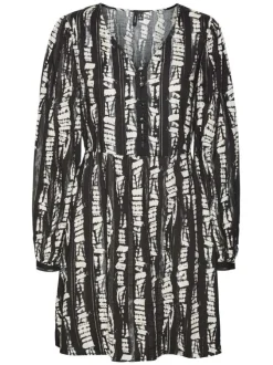 Robe courte noire imprimé abstrait à coupe ample col v et à manches longues