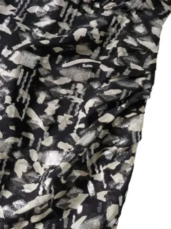 Robe courte noire à imprimé abstrait, doublée, en tissu fluide à col boutonné et manches bouffantes