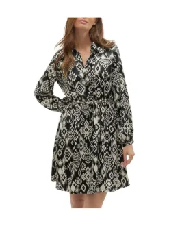 Robe courte noire imprimé aztèque avec une coupe fluide et un col français