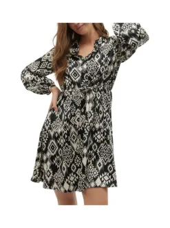 Robe courte noire imprimé aztèque avec une coupe fluide et un col français