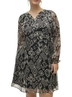 Robe courte noire imprimée avec une coupe ample et un col en V