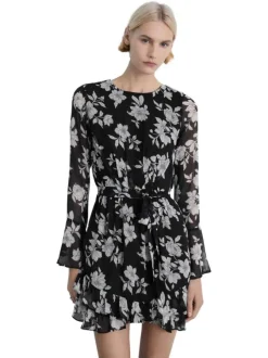 Robe courte noire imprimée avec une coupe droite à col rond