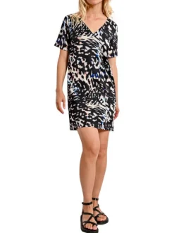 Robe courte noire imprimée avec une coupe un droite col v et des manches courtes