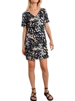Robe courte noire imprimée avec une coupe un droite col v et des manches courtes