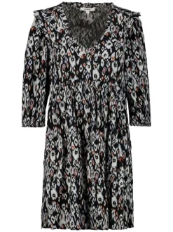 Robe courte noire imprimée panthère coupe ajustée col v à manches 3/5