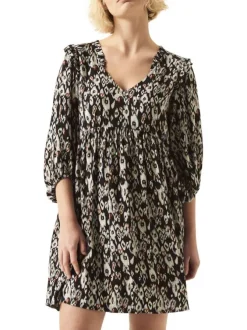 Robe courte noire imprimée panthère coupe ajustée col v à manches 3/5