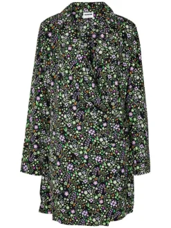 Robe courte noire imprimé floral avec un col cranté et des manches longues