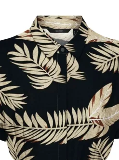 Robe courte noire à imprimé végétal cintrée, col à revers et manches courtes