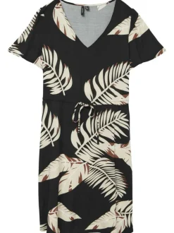 Robe courte noire à imprimé végétal à col v, manches courtes et lien à la taille