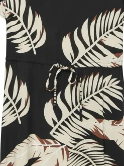 Robe courte noire à imprimé végétal à col v, manches courtes et lien à la taille