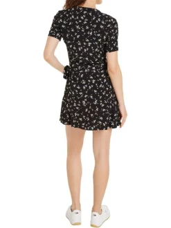 Robe courte noire liberty coupe ajustée col cache-coeur et à manches courtes
