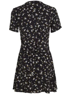 Robe courte noire liberty coupe ajustée col cache-coeur et à manches courtes
