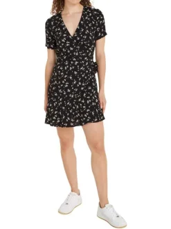 Robe courte noire liberty coupe ajustée col cache-coeur et à manches courtes