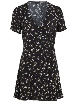 Robe courte noire liberty coupe ajustée col cache-coeur et à manches courtes