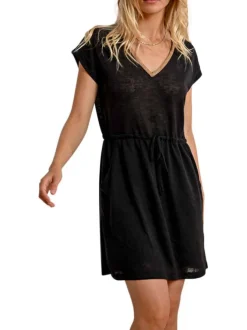 Robe courte noire maille piquée avec une coupe droite et un col v