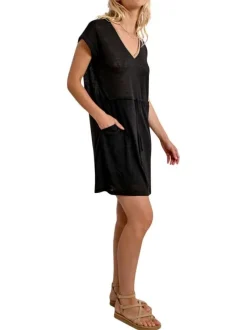 Robe courte noire maille piquée avec une coupe droite et un col v