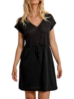 Robe courte noire maille piquée avec une coupe droite et un col v