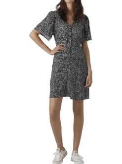 Robe courte noire à pois blancs boutonnée à coupe droite fluide et à col v