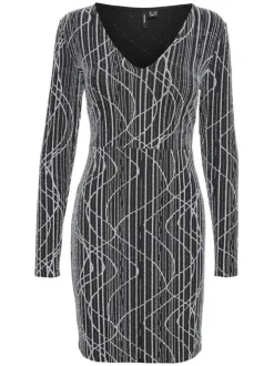 Robe courte noire rayé à coupe ajustée col v et à manches longues