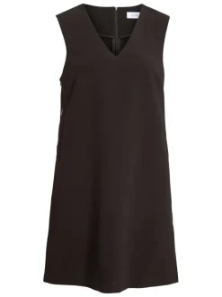 Robe courte noire sans manches pourvue d'un col v et de boutons décoratifs